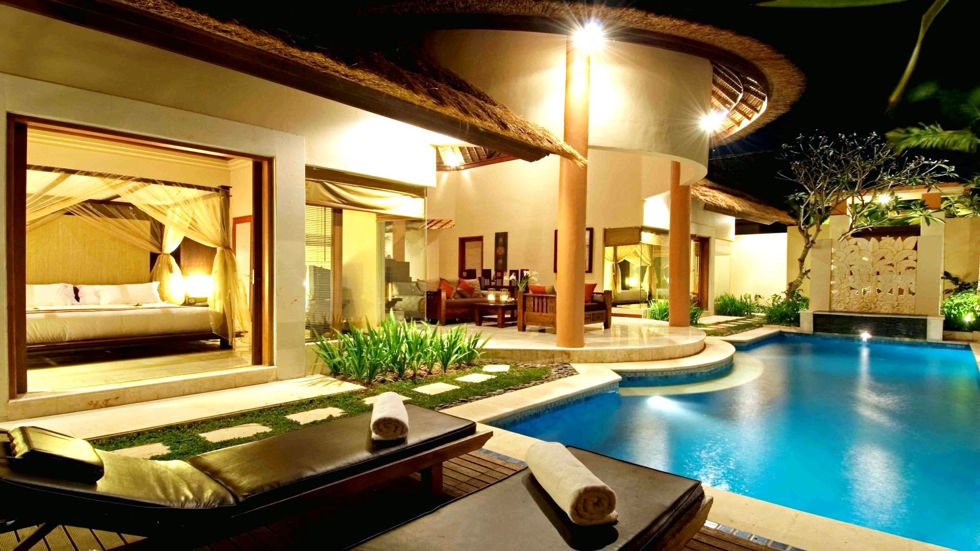 picture: sofas, wallpapers, deck chairs, evening, water, villa, table, night, sun loungers, pool, wallpaper (image)