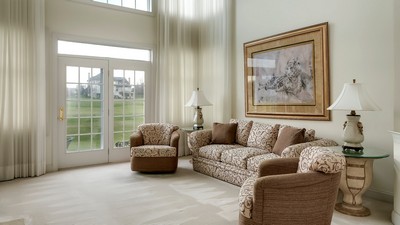 zasłony, salon, sofa, okno - image