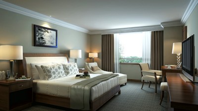 bedroom, hotel room, armchairs, table, window, bedside tables, suite, hotel, design, TV, bed, painting, interior, curtains, lamps